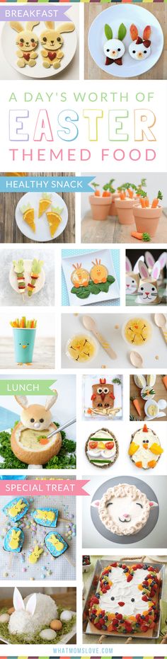 a collage of different foods and desserts with the words, a day's worth of easter themed food