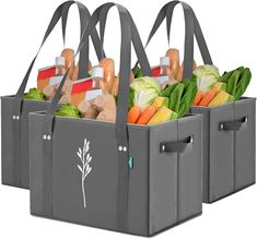 three gray grocery bags filled with vegetables