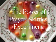 the power of prayer, skittles, and experiment book cover with colorful candies on a white plate