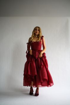 The Siena Gown in Scarlet Red – Wild Rose & Sparrow Corset Floor Length Dress, T Length Prom Dress, Fantasy Inspired Dresses, Red Tiered Dress, Art Inspired Outfits, How To Style Red Dress, Romantic Dress Aesthetic, Little Red Dress Outfit, Berry Gown