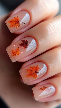 Pin Down Tops, Nail Art Designs Fall Autumn, Nail Design For Very Short Nails, Fall Nails With Pumpkins And Leaves, Autumn Nails With Leaves, Fall Ideas For Nails, Fall Nail Designs Halloween, Autumnal Nail Art, Autumn Nail Designs Ideas