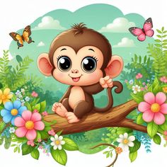 a monkey sitting on a tree branch with flowers and butterflies around it in the background