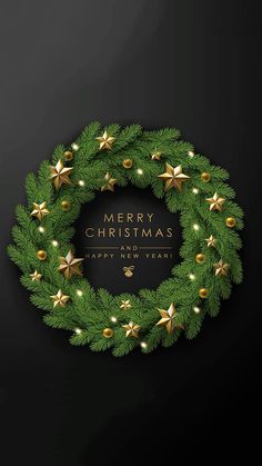 a christmas wreath with gold stars and lights in the center on a black background, merry christmas