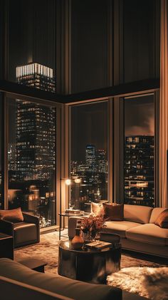 a living room filled with furniture and tall buildings in the background at night, lit up by street lights