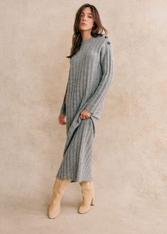 Long-sleeved baby alpaca dress;Oversized volume;Ribbed knit;Round neckline fastened with a shoulder button placket;Length from shoulder 119 cm / 46.8 in (for a S) Christmas Clothing Ideas, Outfit Ideas Christmas, Sweater Dress Outfit, Sweater Dress Oversized, Ribbed Dress, Minimal Outfit, Holiday Party Outfit, Mid Dresses, Baby Alpaca