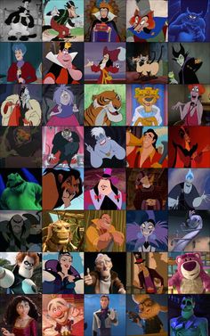 many different cartoon characters are shown together in this collage with each character's name