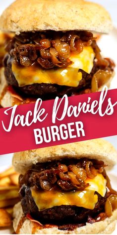 two cheeseburger sandwiches stacked on top of each other with the words jack daniels burger