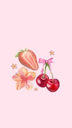 two cherries and one strawberry on a pink background with flowers in the foreground