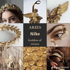 a collage of gold and white images with the words aris nike goddess of victory