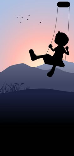 a silhouette of a boy swinging on a swing