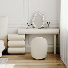 a white vanity table with a mirror, stool and other items on top of it