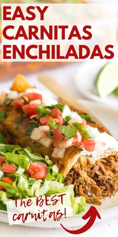 an easy carnitas enchiladas recipe on a plate