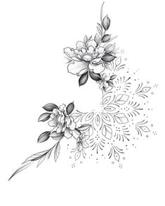 a black and white drawing of flowers with leaves on the bottom half of their petals