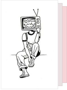 a drawing of a person sitting on the floor with a tv in front of them