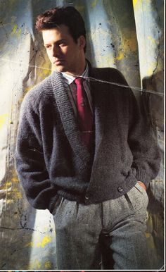 "M8171 vintage mens shawl collar cardigan knitting pattern pdf mans low v jacket 34-46\" DK light worsted 8ply pdf instant download PLEASE NOTE: ALL PATTERNS ARE VINTAGE & IN ENGLISH ONLY Please refer to the pictures above for information from pattern on sizes, materials used, needle size etc. Click on the white arrow half way up the picture on the right side. Where a discontinued yarn is used, I check the needle size for a modern equivalent and include in the description. This is meant as a guide only. Please check your tension. The pattern is in UK terms. I have included an additional PDF - Knitting Conversion Chart - giving needle sizes & yarn weight UK, US, Aus/NZ & Metric. Patterns pre 70's are not in metric. Please Note: This is not the original pattern or a finished item, it is a sc 40s Menswear, Shawl Collar Cardigan Knitting Pattern, Mens Shawl Collar Cardigan, Mens Shawl, Crochet Waistcoat, Womens Knitting Patterns, Mens Knit, 90s Fashion Men, Shawl Collar Cardigan