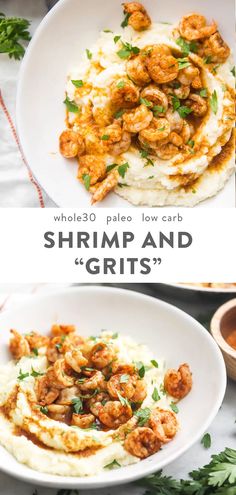 shrimp and grits are served on top of mashed potatoes with parsley garnish