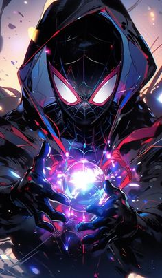 a spider man with glowing eyes and a hoodie holding a ball in his hands