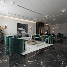 an elegant living room with marble floors and green velvet sofas in the center area