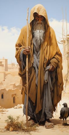 an old man standing in the desert holding a stick and looking at a black bird