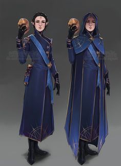 the concept art for star wars character costumes is shown in two different poses, one wearing a blue outfit and holding a golden object