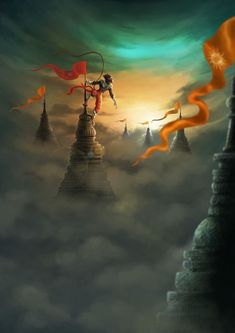 a man standing on top of a tall tower with a bow in his hand, surrounded by clouds