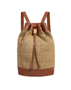 The ViX Milena Bag is a spacious woven straw bucket backpack featuring dual shoulder straps and refined leather trim. Wear the Milena Bag to the pool or beach with your favorite bikini, or dress it up with a lovely summer dress.Features: Brown leather trim;  Interior lined with a light beige fabric ;  Dual adjustable shoulder straps ;  Soft leather base for added support ;  Drawstring closure ;  Interior pockets ;  24k gold-plated hardware;  Style# VR253025 Brown Woven Bucket Bag For Day Out, Spring Vacation Backpack Bags, Spring Vacation Backpack, Casual Straw Bag With Leather Trim For Travel, Luxury Summer Bag With Leather Trim, Spring Beach Backpack Bag, Natural Straw Bag With Leather Trim, Casual Style, Woven Leather Bucket Bag For Travel, Travel Woven Leather Bucket Bag