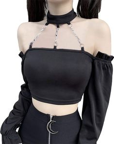 PRICES MAY VARY. Gothic shirts made of 95%polyester and 5%spandex, super soft, comfy, breathable and lightweight. Punk crop tops design for off the shoulder, long sleeve/sleeveless, slim crop tops, buckle tops, basic tee shirt tops, solid color. Designed for goth lover, showcase your unique style with this women's gothic crop tops and make an impression. Suitable for all seasons, you can pair it with skirts, jeans, leggings, shorts, cardigan, coat. Women harajuku punk style shirt is good for streetwear, outdoor activity, rock festival, gothic theme party, beaches, travel, parties,side split, go supermarket, go shopping. Please allow 1-2cm differs due to manual measurement, please refer to our size chart image before ordering. Machine or hand wash with cold water, don't soak, don't dry clea Fit Drawing, Punk Crop Top, Backless Long Sleeve Top, Gothic Gloves, Rockstar Fashion, Black Halter Crop Top, Gothic Crop Tops, Goth Egirl, Emo Things