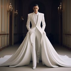 White Suit With Train, Wedding Suit White Men, Tailcoat Wedding Suit, Wedding Dress Masculine, Gender Less Fashion, White Suit Men Prom, Gender Fluid Wedding Attire, Feminine Suits For Men, Men In Dresses Art