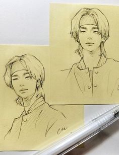 two drawings of young men are shown in pencil on top of a piece of paper