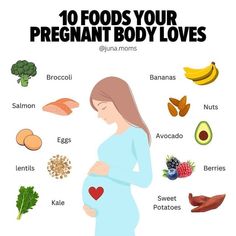 the pregnant woman is holding her stomach in front of many fruits and vegetables