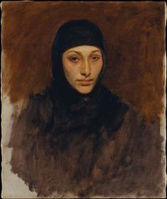 a painting of a woman wearing a black head scarf