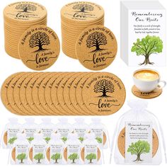 six cork coasters with coffee cups and labels on them, including one for each family member