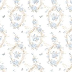 a white wallpaper with blue flowers and butterflies in the center, on an off - white background