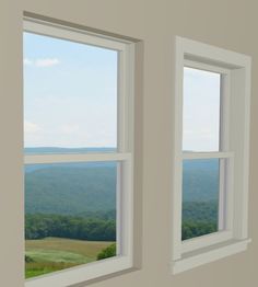 two windows in a wall with the view of trees and mountains out to the distance