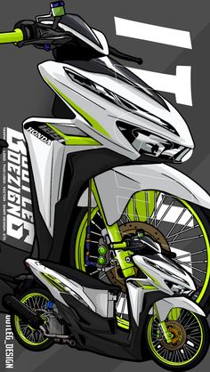 a white and green motorcycle is shown on a gray background