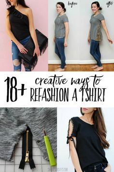 tshirt refashion ideas How To Refashion A T Shirt, How To Alter Tee Shirts, Refashioned Tshirt Diy Upcycle, Refashion Tee Shirts Ideas, Alter T Shirts Ideas, T Shirt Transformation Diy, Upcycled Tee Shirts Ideas, T Shirt Redesign Ideas, Upcycle Tee Shirts Diy