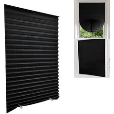 an open window next to a black roller shade