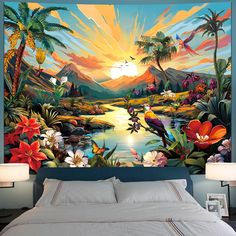 a bedroom with a large painting on the wall