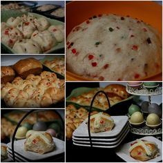 there are many pictures of different pastries in this collage, including breads and rolls