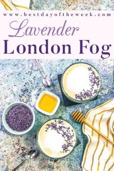 lavender london fog recipe in bowls with spoons and honey on the side next to it