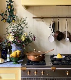 a stove top oven sitting next to a pot and pan with lemons on it