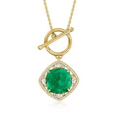 Ross-Simons - 6.50ct Emerald, .70ct t. w. White Topaz Toggle Necklace Over Sterling. 18". An RS exclusive. Capturing a glamorous look in a modern way, this stylish necklace casts a rich green glow with its 6.50 carat square cushion-cut emerald centerpiece iced by .70 ct. t. w. white topaz rounds. Finely crafted in polished 18kt yellow gold over sterling silver. Cable chain. Toggle clasp, white topaz and emerald necklace. Emerald birthstones are the perfect gift for May birthdays. Emerald Birthstone, Toggle Necklace, Topaz Color, Stylish Necklace, Emerald Necklace, Emerald Stone, Fine Jewellery Necklace, White Topaz, Cable Chain