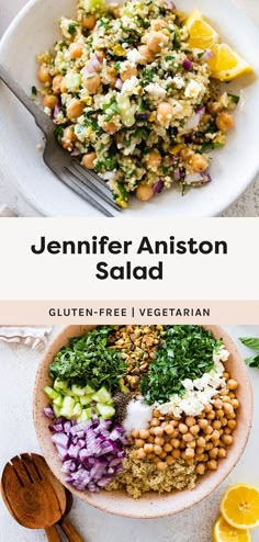 an image of a salad in a bowl with lemons and other ingredients on the side