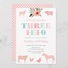 a pink and green farm themed birthday party card with the words three efo on it