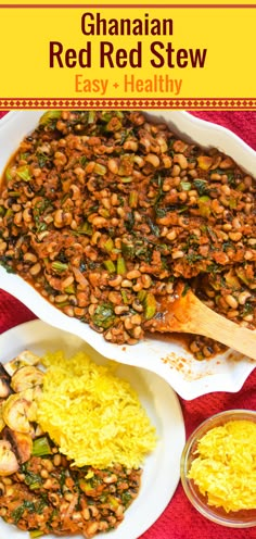 an image of a dish with beans and rice in it on a red table cloth