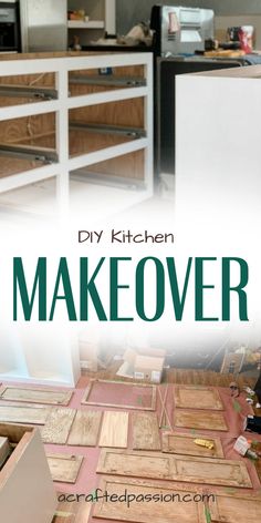 the words makeover are in front of an image of kitchen cabinets and flooring