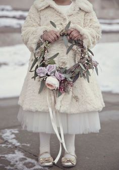 Winter Wedding ~ Winter Flower Girl, Flower Girl Wreaths, Flower Girl Outfits, Winter Wedding Flowers, Winter Bride, Winter Wonderland Wedding, Wedding Wreaths, Winter Flowers, Valentines Day Weddings