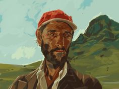 a painting of a man wearing a red hat and brown jacket with mountains in the background