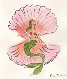 a drawing of a mermaid sitting on top of a pink flower with a green tail