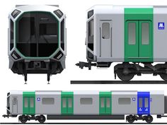 three different views of a train car from the side, with doors open and windows closed